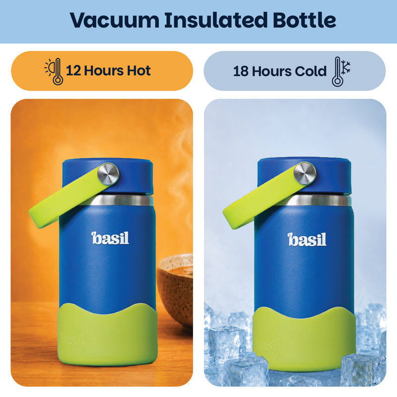 Basil Oasis 380ml Kids Stainless Steel Water Bottle with Flexible Carry Handle & Protective Silicone Base | 304 Stainless Steel | Blue & Green