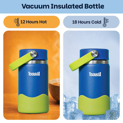 Basil Oasis 380ml Kids Stainless Steel Water Bottle with Flexible Carry Handle & Protective Silicone Base | 304 Stainless Steel | Blue & Green