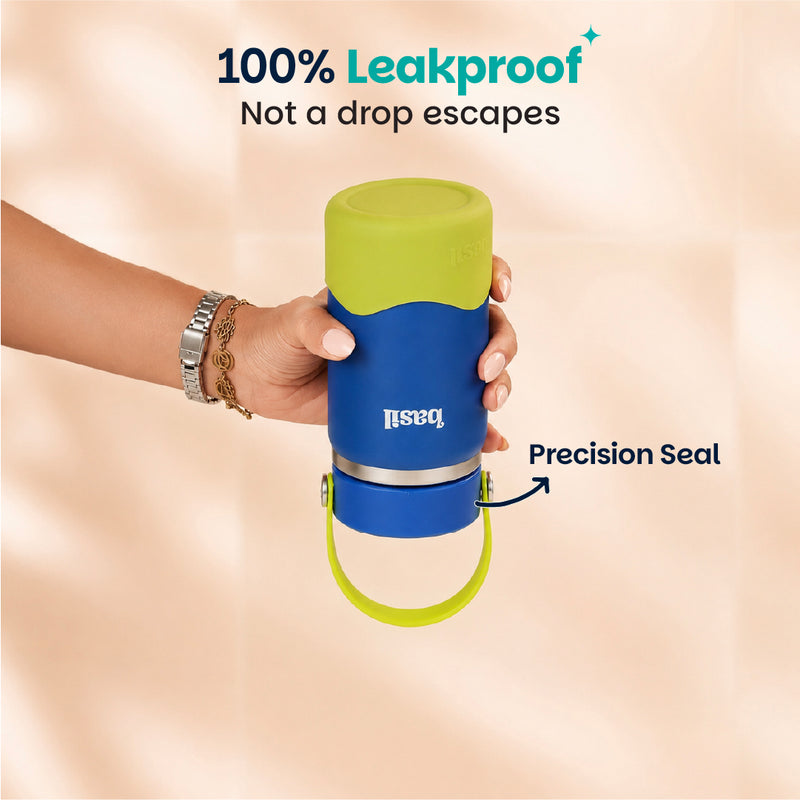 Basil Oasis 380ml Kids Stainless Steel Water Bottle with Flexible Carry Handle & Protective Silicone Base | 304 Stainless Steel | Blue & Green
