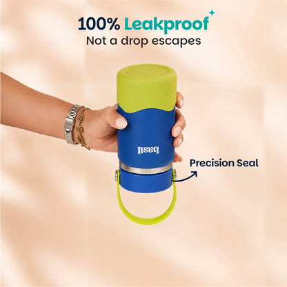 Basil Oasis 380ml Kids Stainless Steel Water Bottle with Flexible Carry Handle & Protective Silicone Base | 304 Stainless Steel | Blue & Green