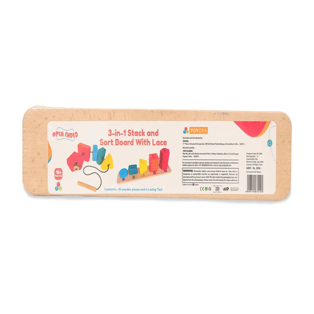 Open Ended 3 in 1 Stack and Sort Board With Lace - Jaiman Toys