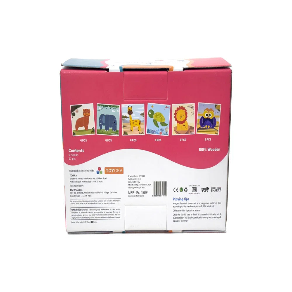 Open Ended Toddler's First 6 In 1 Puzzle - Animals (6 puzzles, 27 pcs) 18+ Months - Jaiman Toys