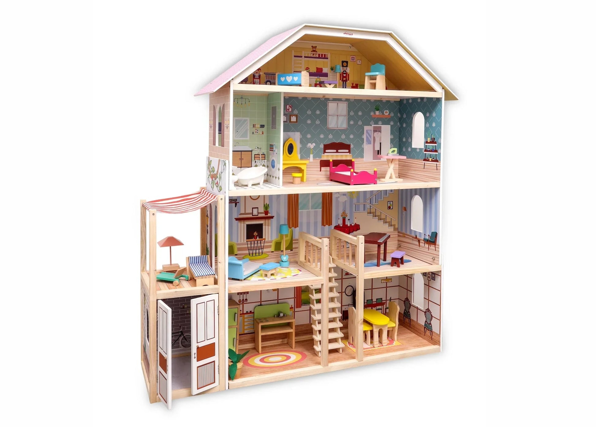 Open Ended Wooden Doll House - Grand Mansion (28 pcs furniture included) - Jaiman Toys
