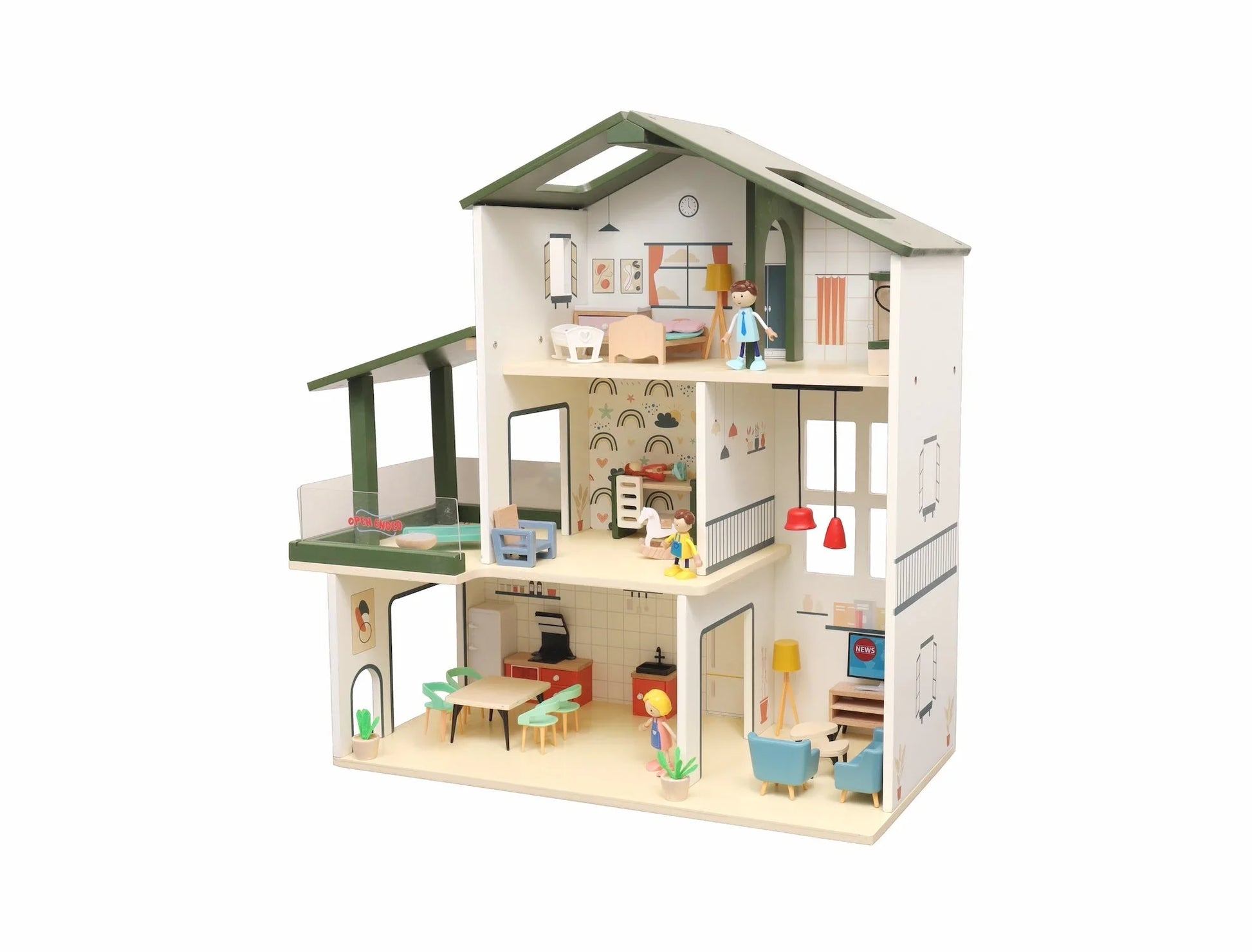Open Ended Wooden Dollhouse - Modern Villa (31 pcs furniture including 4 doll figures included) - Jaiman Toys