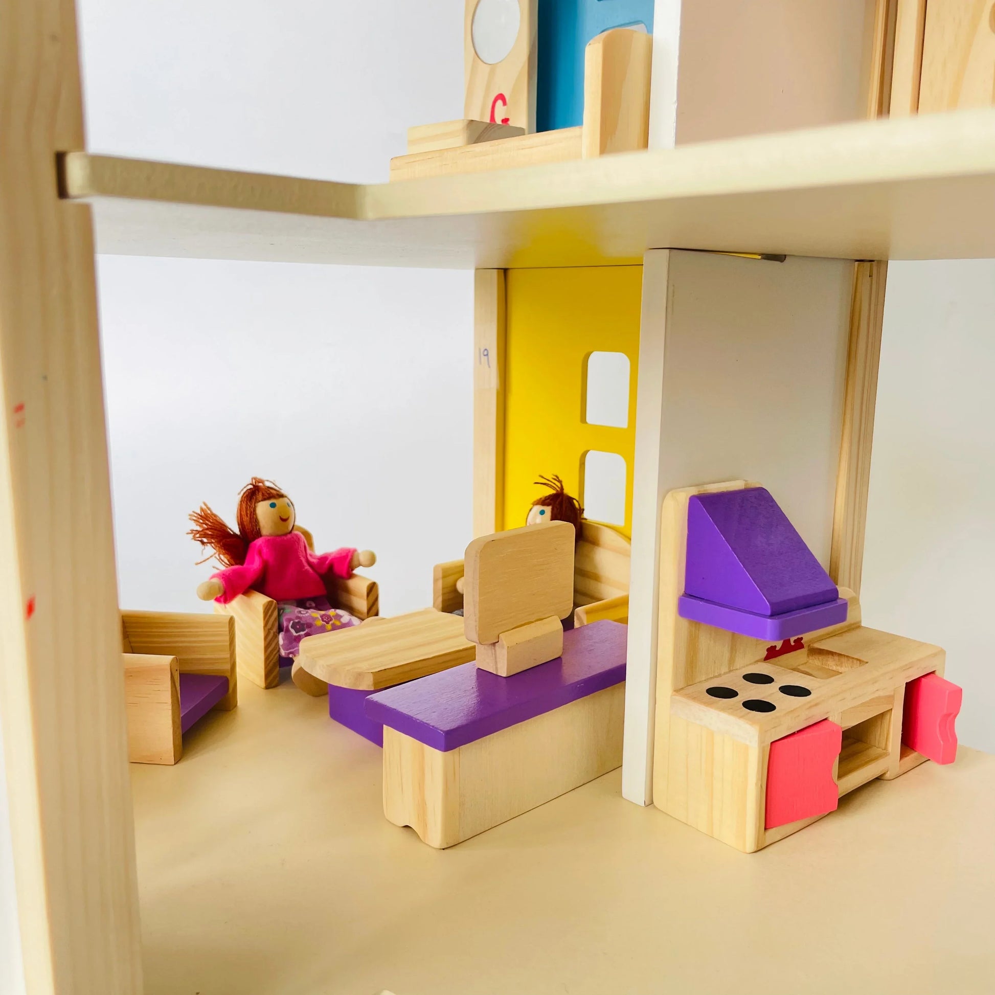 Open Ended Wooden Dollhouse - Redwood Cottage (19 pcs furniture + 2 doll figures included) - Jaiman Toys