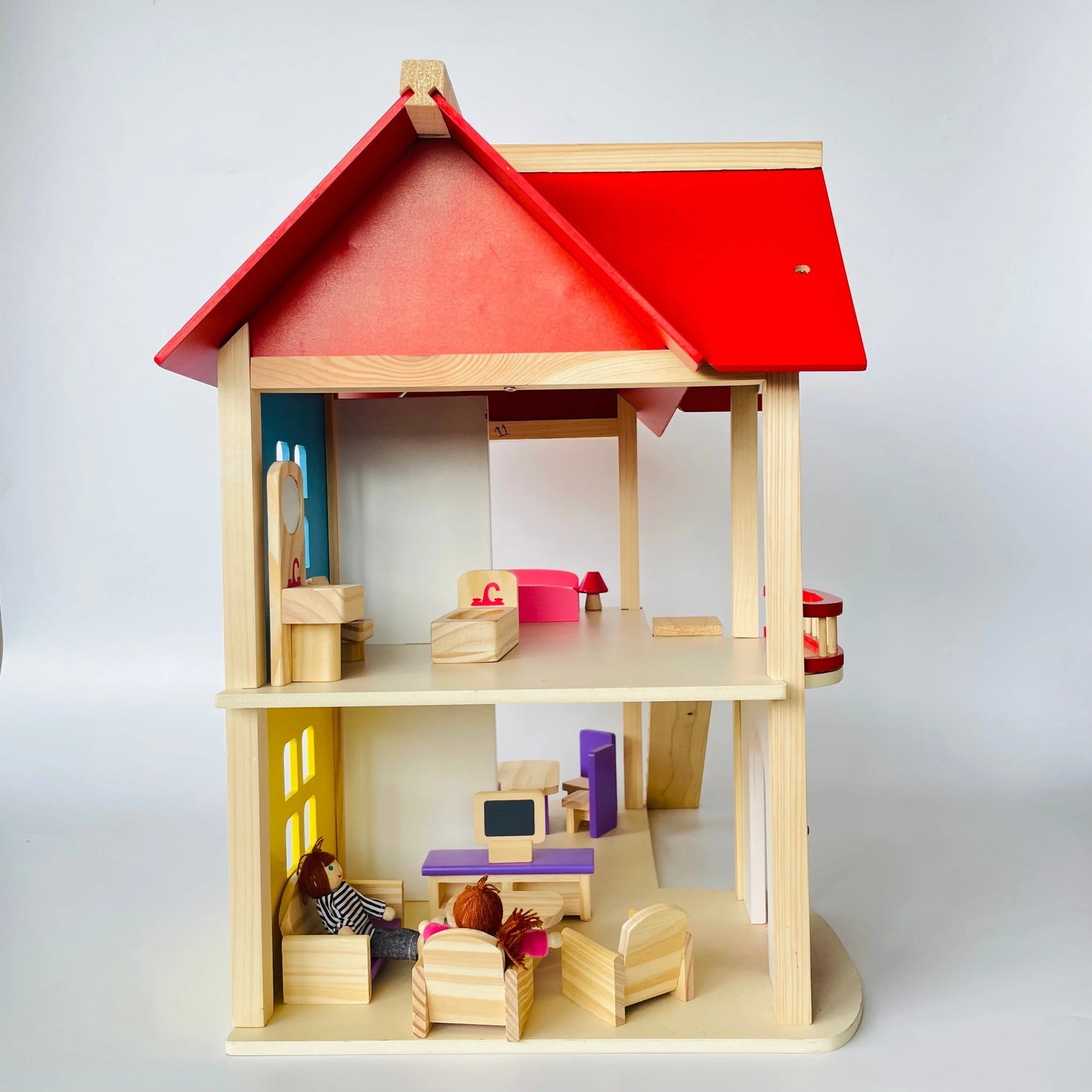 Open Ended Wooden Dollhouse - Redwood Cottage (19 pcs furniture + 2 doll figures included) - Jaiman Toys