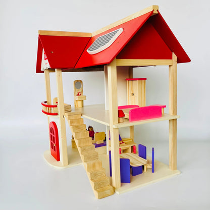 Open Ended Wooden Dollhouse - Redwood Cottage (19 pcs furniture + 2 doll figures included) - Jaiman Toys