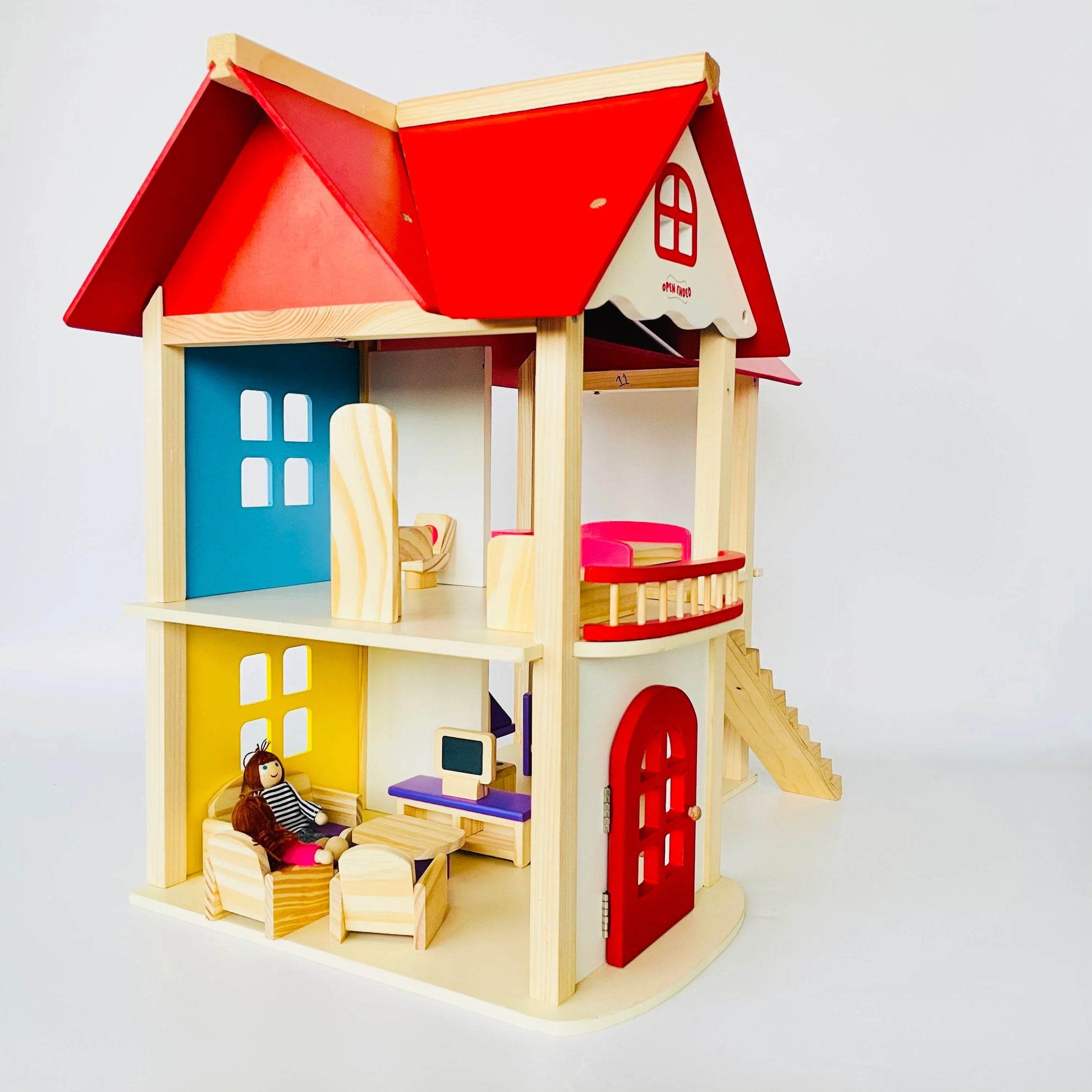 Open Ended Wooden Dollhouse - Redwood Cottage (19 pcs furniture + 2 doll figures included) - Jaiman Toys
