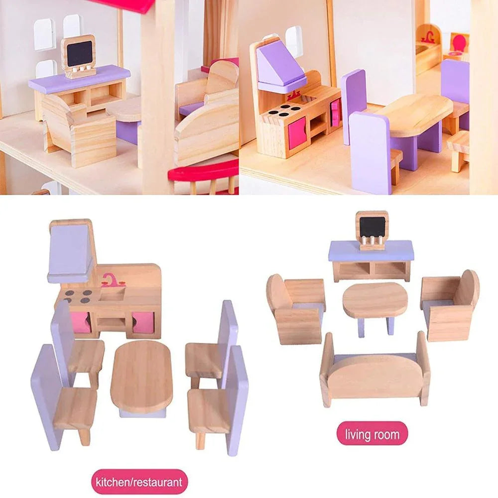 Open Ended Wooden Dollhouse - Redwood Cottage (19 pcs furniture + 2 doll figures included) - Jaiman Toys