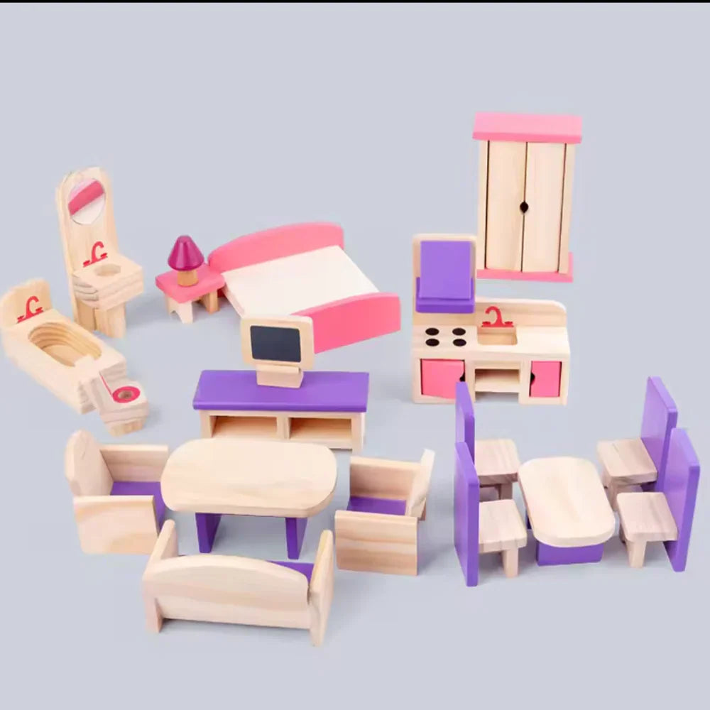 Open Ended Wooden Dollhouse - Redwood Cottage (19 pcs furniture + 2 doll figures included) - Jaiman Toys