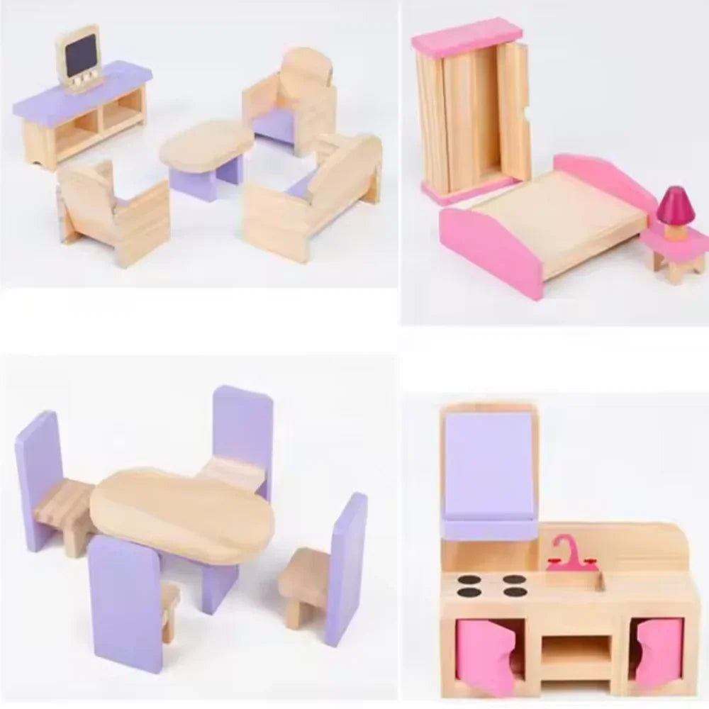 Open Ended Wooden Dollhouse - Redwood Cottage (19 pcs furniture + 2 doll figures included) - Jaiman Toys