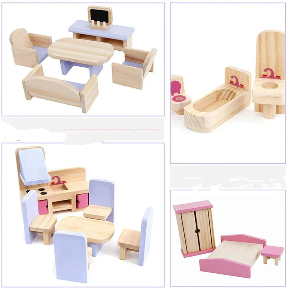 Open Ended Wooden Dollhouse - Redwood Cottage (19 pcs furniture + 2 doll figures included) - Jaiman Toys