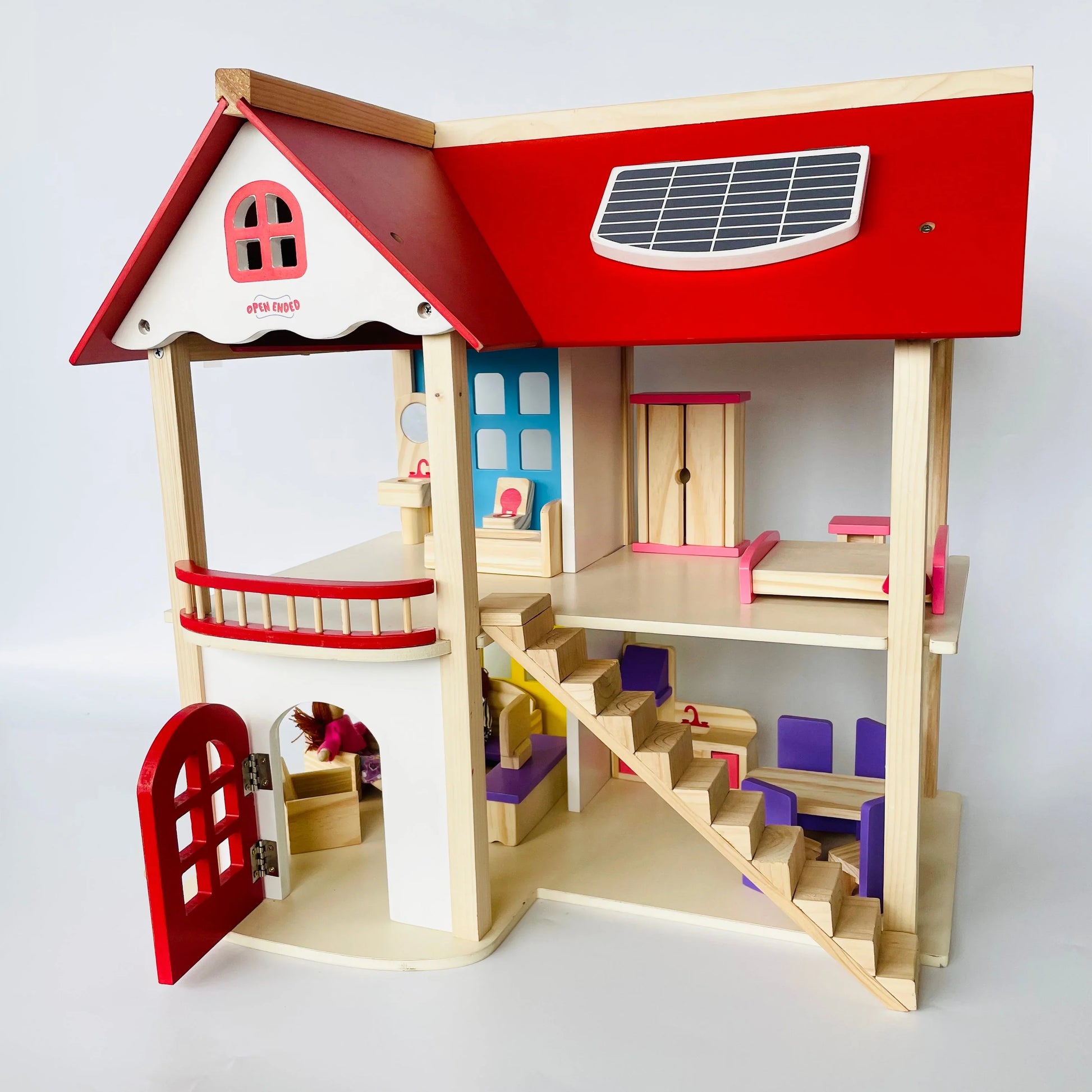 Open Ended Wooden Dollhouse - Redwood Cottage (19 pcs furniture + 2 doll figures included) - Jaiman Toys