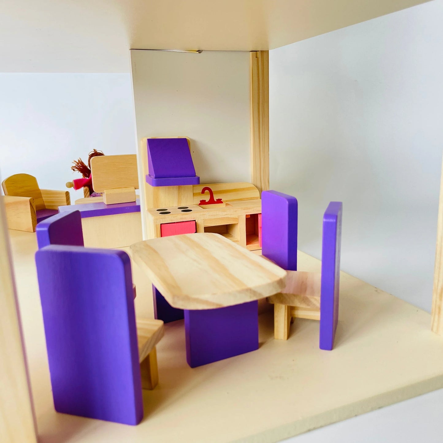 Open Ended Wooden Dollhouse - Redwood Cottage (19 pcs furniture + 2 doll figures included) - Jaiman Toys