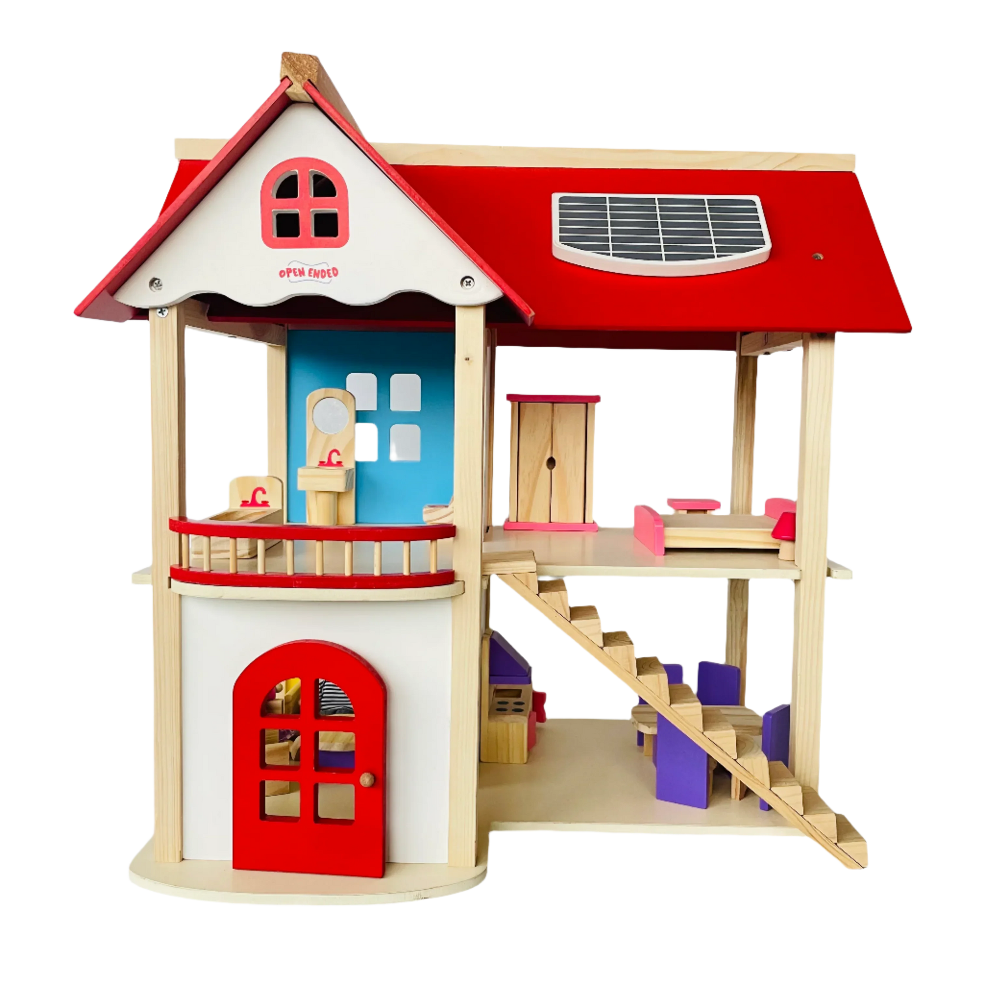 Open Ended Wooden Dollhouse - Redwood Cottage (19 pcs furniture + 2 doll figures included) - Jaiman Toys