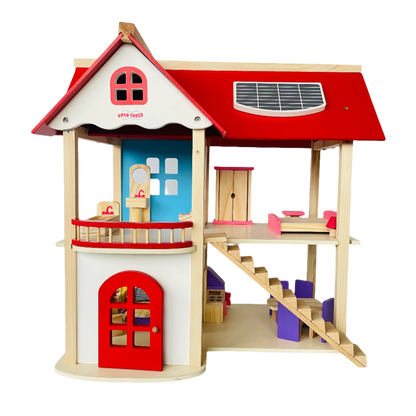 Open Ended Wooden Dollhouse - Redwood Cottage (19 pcs furniture + 2 doll figures included) - Jaiman Toys