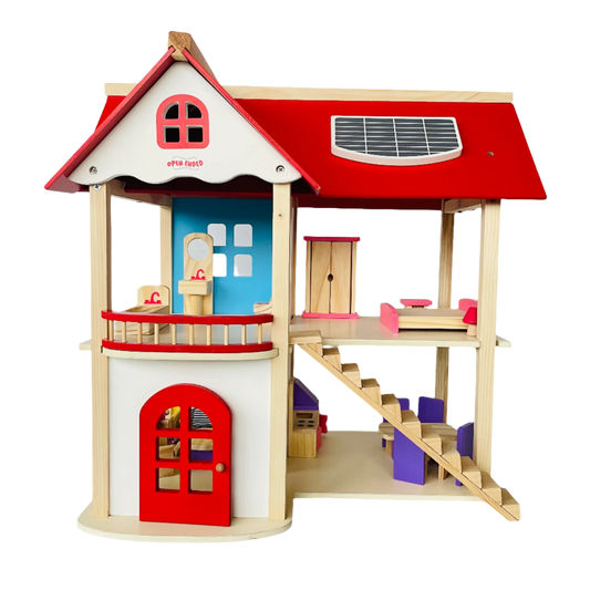 Open Ended Wooden Dollhouse - Redwood Cottage (19 pcs furniture + 2 doll figures included) - Jaiman Toys