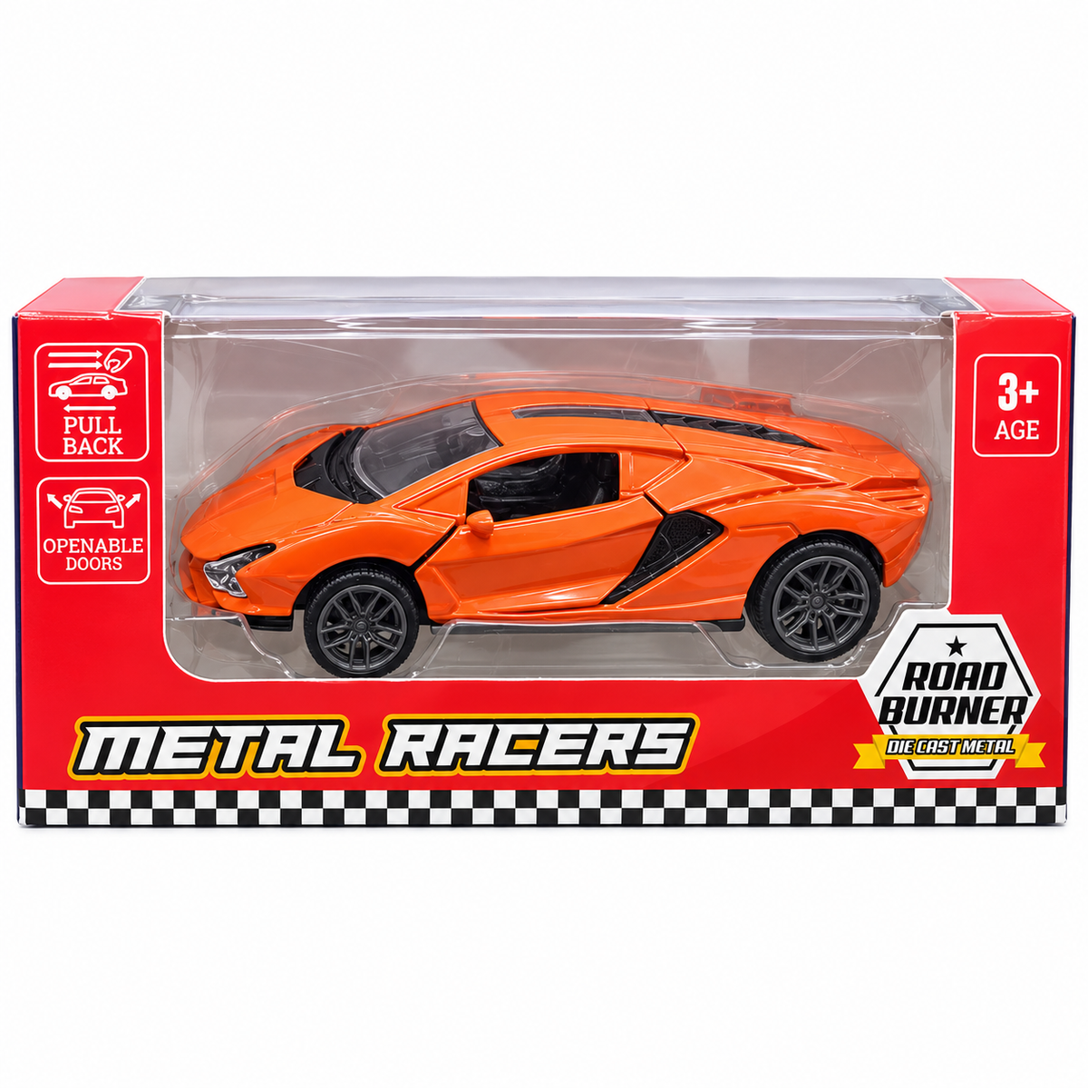 Road Burner Metal Racers 1:39 Scale Diecast Sports Car Toy with Pull Back Action, Openable Doors, Metal Body, Realistic Design & Free Rolling Wheels for Kids Ages 3+ – Orange