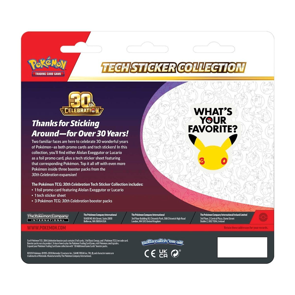 Pokemon TCG 30th Celebration Tech Sticker Collection – Lucario | 3 Booster Packs + Foil Promo Card + Tech Sticker Sheet