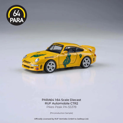 PARA64 1:64 RUF CTR2 Pikes Peak 1995 Yellow Racing Livery Diecast Model Car | Officially Licensed RUF Automobile Collectible