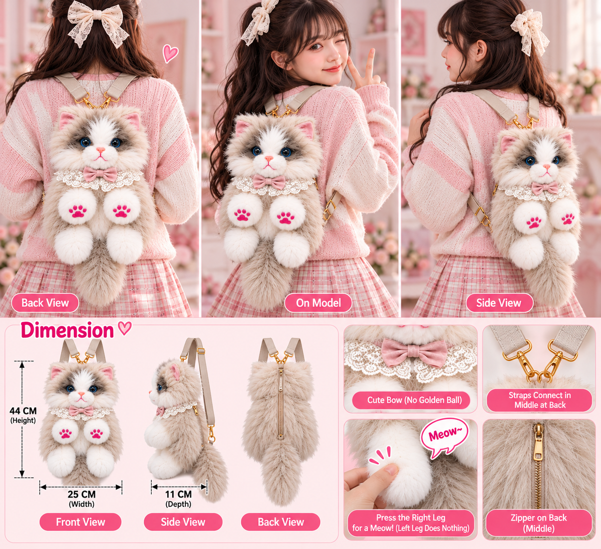 Fluffy Seal Point Cat Backpack & Crossbody Bag | Cute Plush Ragdoll Kitty Daypack with Pink Paw Pads, Lace Collar, Pink Bowtie & Adjustable Straps for Girls & Women