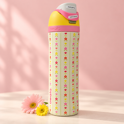 Owala 710ml FreeSip Insulated Water Bottle with Straw & Push-Button Lid – Cream Floral Print with Pink and Yellow Lid