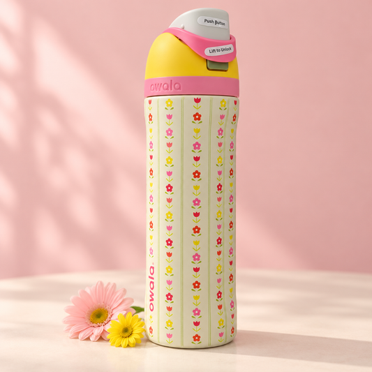 Owala 710ml FreeSip Insulated Water Bottle with Straw & Push-Button Lid – Cream Floral Print with Pink and Yellow Lid