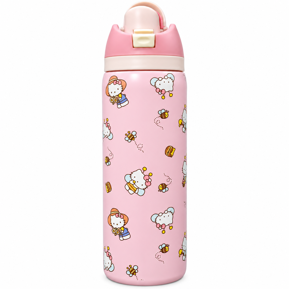 Hello Kitty 946ml (32oz) Insulated Stainless Steel Water Bottle for Girls with Straw Sipper Lid, Carry Handle, Leak-Resistant Design & Cute Pink Bee Print – Large Capacity Reusable Travel Bottle