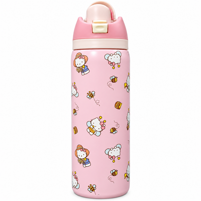 Hello Kitty 946ml (32oz) Insulated Stainless Steel Water Bottle for Girls with Straw Sipper Lid, Carry Handle, Leak-Resistant Design & Cute Pink Bee Print – Large Capacity Reusable Travel Bottle