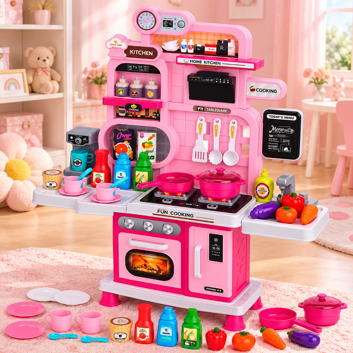 Mini Chef 56 PCS Kids Pretend Play Kitchen Set with Lights, Sounds, Cooking Stove, Sink & Accessories – Pink