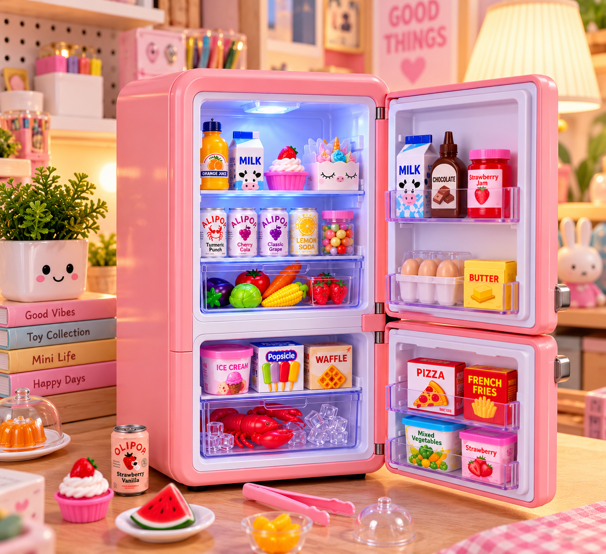 Mini Mini's Mini Mini Fridge Playset – Fill the Fridge Toy with 60+ Collectibles & Built-in LED/UV Light - Small Pink