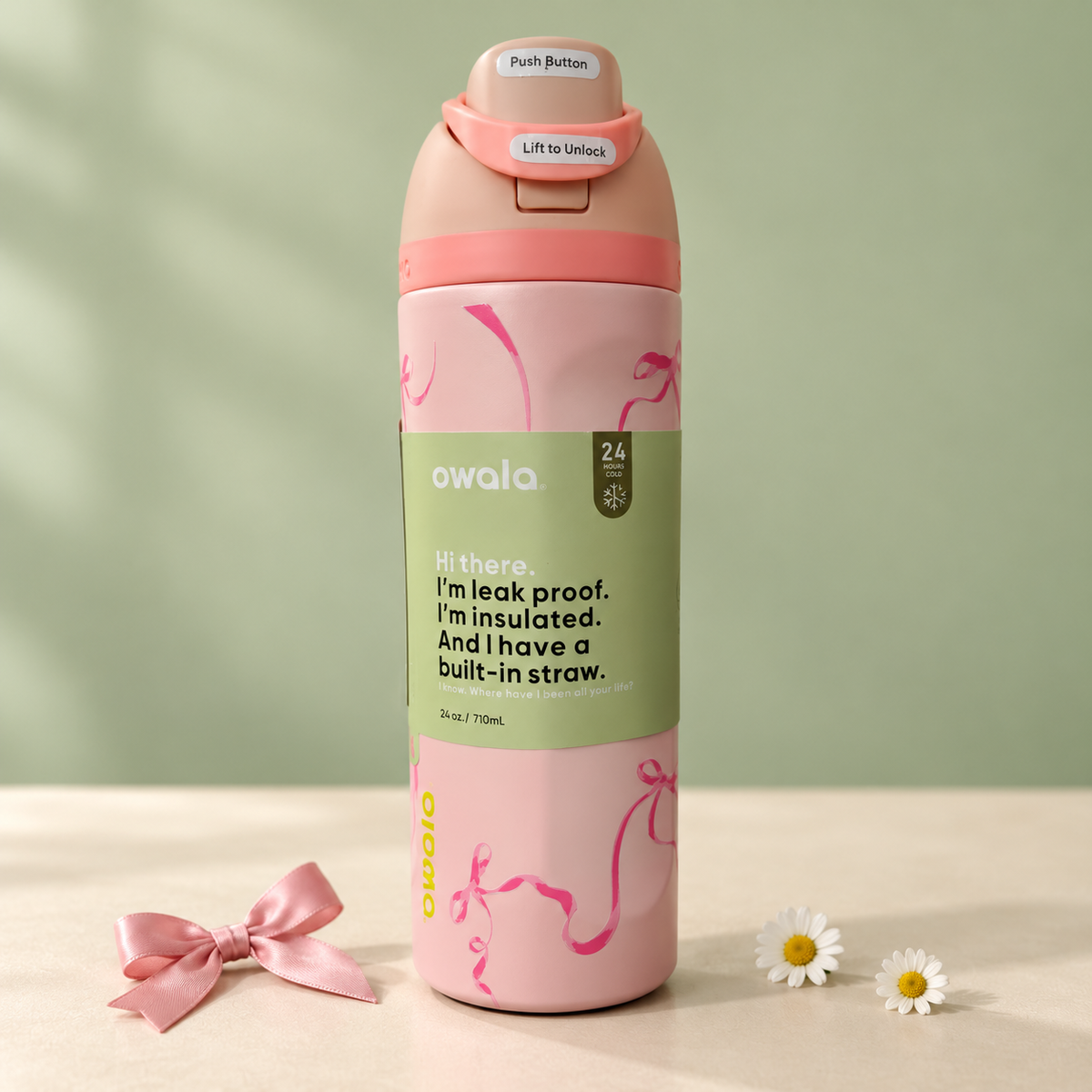 Owala FreeSip 710ml Insulated Water Bottle with Straw – Pink Bow Design