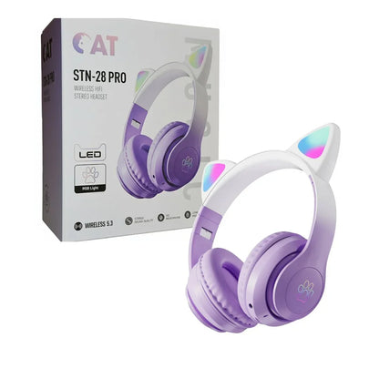 CAT STN-28 Pro Wireless Ear Headphones – Bluetooth 5.3 HiFi Stereo Headset with LED RGB Lights & Mic (Purple) - Jaiman Toys