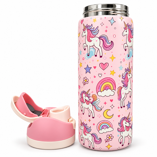 Unicorn Kids Water Bottle 946ml (32 Oz) Large Capacity Pink Sipper Bottle with Flip Top Lid, Cute Rainbow, Stars & Unicorn Printed Design, Reusable Drinking Bottle for Girls, School, Travel & Outdoor Use