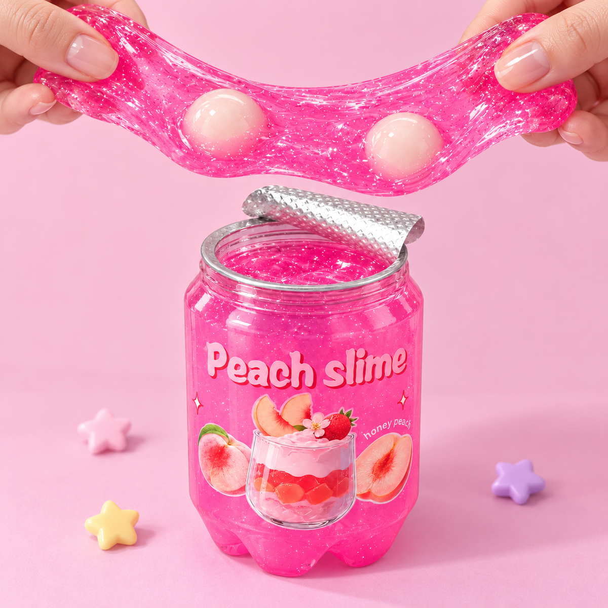 Peach Slime with White Balls – Pink Stretchy Sensory Play Toy in Fruit-Themed Container, 1 Piece