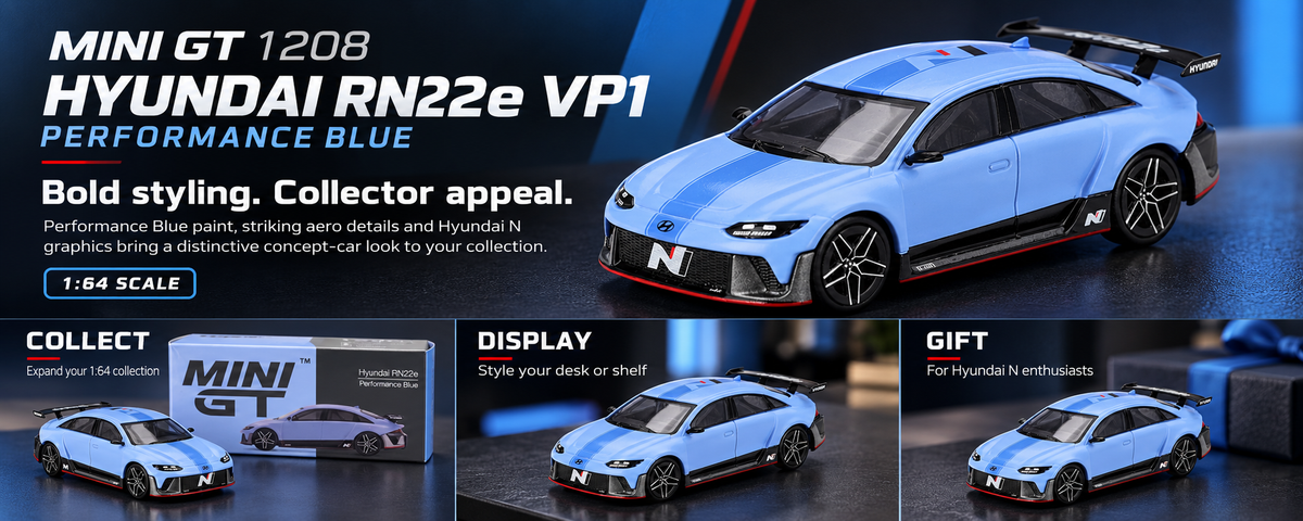 MINI GT 1208 Hyundai RN22e Performance Blue 1:64 Scale Die-Cast Collectible Model Car with Rear Wing – Detailed Hyundai N Concept Car Miniature for Collectors & Display - details 1