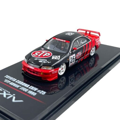 INNO64 Toyota Corona Exiv #25 "STP ADVAN" JTCC 1995 1:64 Scale Die-Cast Model Car | Premium Metal Touring Car Collector Replica with Detailed Interior, Authentic Racing Livery, Realistic Wheels, Acrylic Display Case & Collector Box | Black/Red
