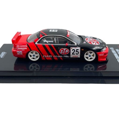 INNO64 Toyota Corona Exiv #25 "STP ADVAN" JTCC 1995 1:64 Scale Die-Cast Model Car | Premium Metal Touring Car Collector Replica with Detailed Interior, Authentic Racing Livery, Realistic Wheels, Acrylic Display Case & Collector Box | Black/Red