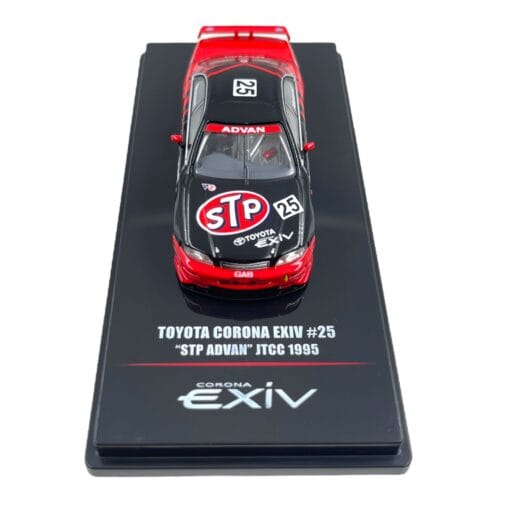 INNO64 Toyota Corona Exiv #25 "STP ADVAN" JTCC 1995 1:64 Scale Die-Cast Model Car | Premium Metal Touring Car Collector Replica with Detailed Interior, Authentic Racing Livery, Realistic Wheels, Acrylic Display Case & Collector Box | Black/Red