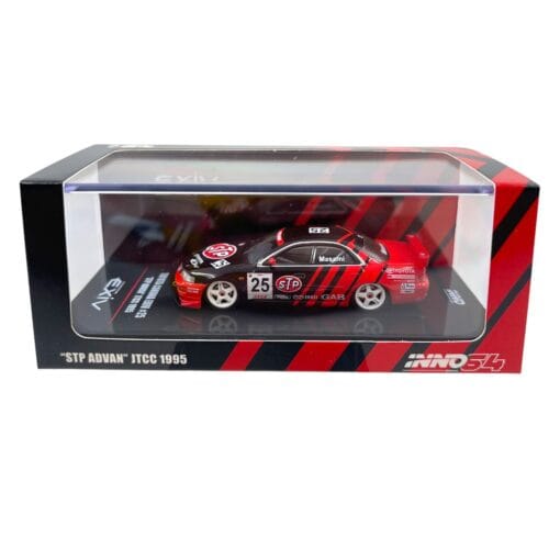 INNO64 Toyota Corona Exiv #25 "STP ADVAN" JTCC 1995 1:64 Scale Die-Cast Model Car | Premium Metal Touring Car Collector Replica with Detailed Interior, Authentic Racing Livery, Realistic Wheels, Acrylic Display Case & Collector Box | Black/Red