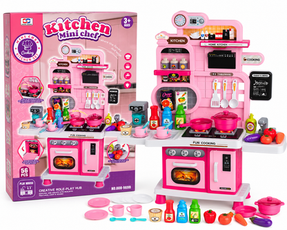 Mini Chef 56 PCS Kids Pretend Play Kitchen Set with Lights, Sounds, Cooking Stove, Sink & Accessories – Pink
