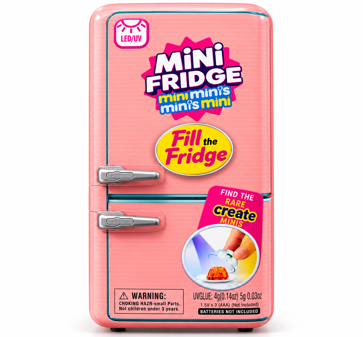 Mini Mini's Mini Mini Fridge Playset – Fill the Fridge Toy with 60+ Collectibles & Built-in LED/UV Light - Small Pink