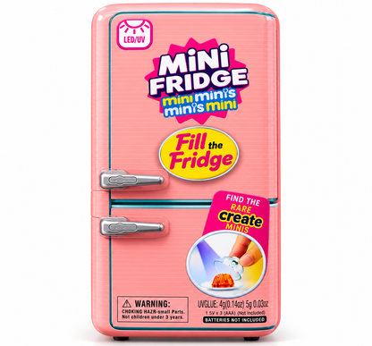 Mini Mini's Mini Mini Fridge Playset – Fill the Fridge Toy with 60+ Collectibles & Built-in LED/UV Light - Small Pink