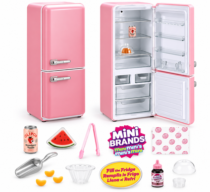Mini Mini's Mini Mini Fridge Playset – Fill the Fridge Toy with 60+ Collectibles & Built-in LED/UV Light - Small Pink