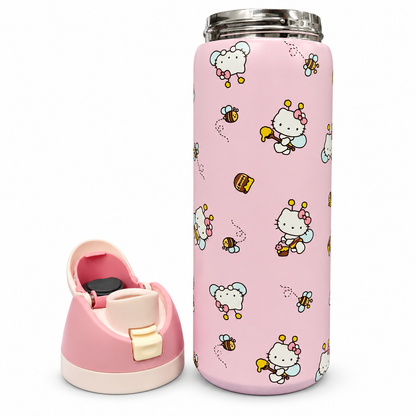 Hello Kitty 946ml (32oz) Insulated Stainless Steel Water Bottle for Girls with Straw Sipper Lid, Carry Handle, Leak-Resistant Design & Cute Pink Bee Print – Large Capacity Reusable Travel Bottle