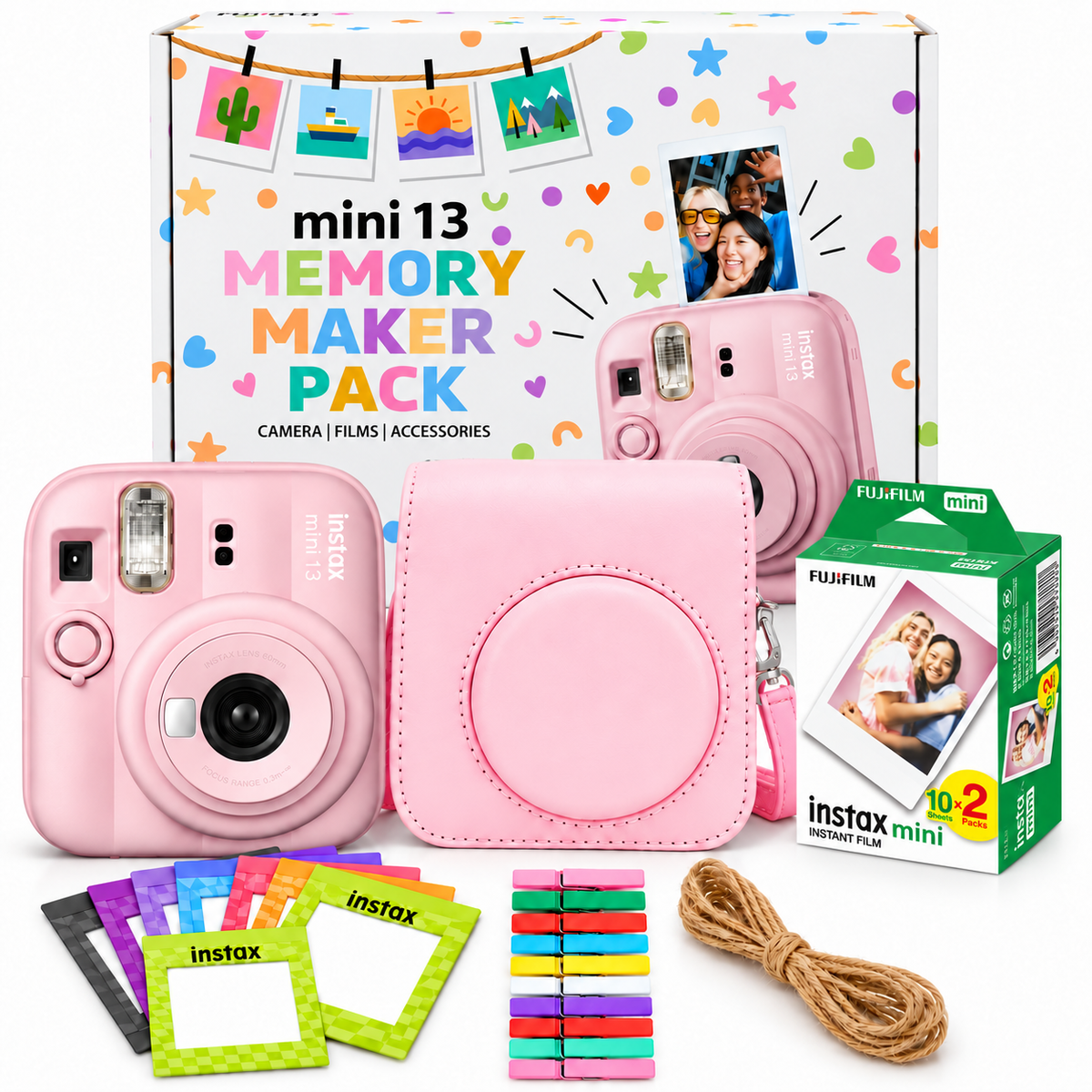 Fujifilm Instax Mini 13 Memory Maker Gift Pack – Instant Camera with 20 Films, Case & Photo Display Kit - Candy Pink