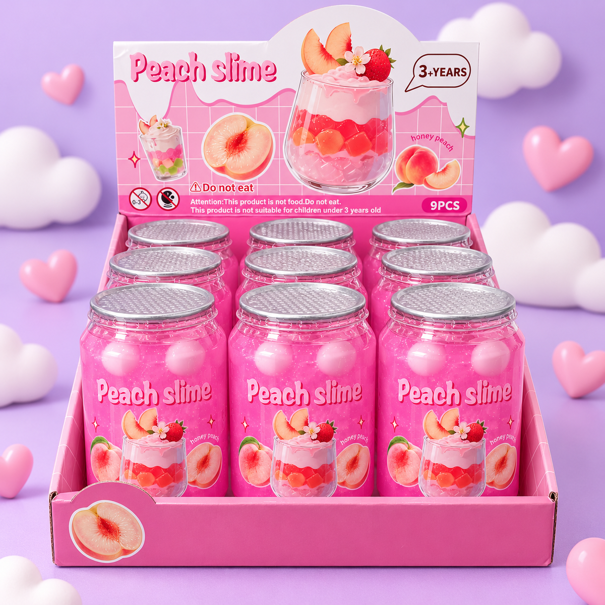 Peach Slime with White Balls – Pink Stretchy Sensory Play Toy in Fruit-Themed Container, 1 Piece