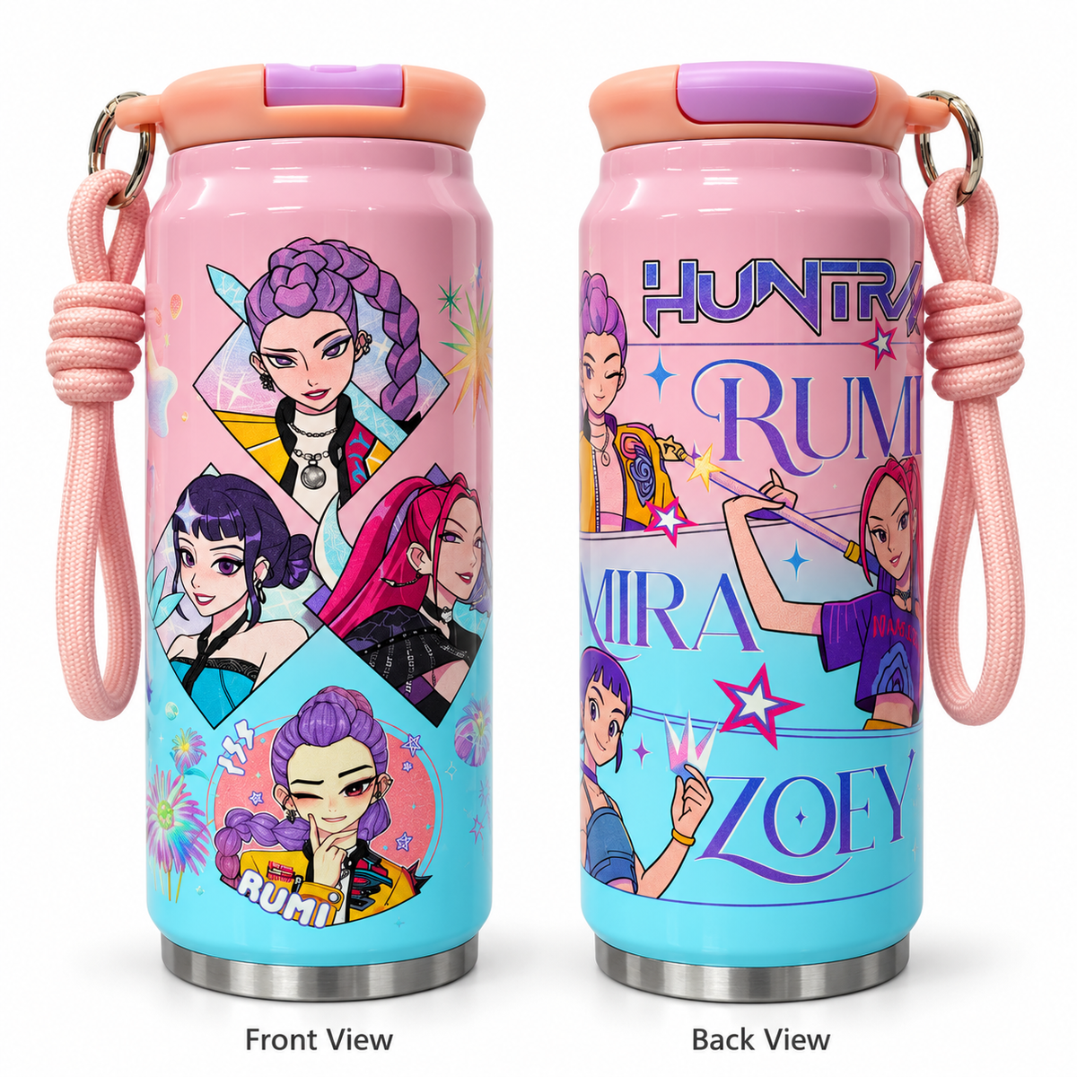 Huntrix 200ml Water Bottle with Flip Lid & Carry Strap – Pink & Turquoise
