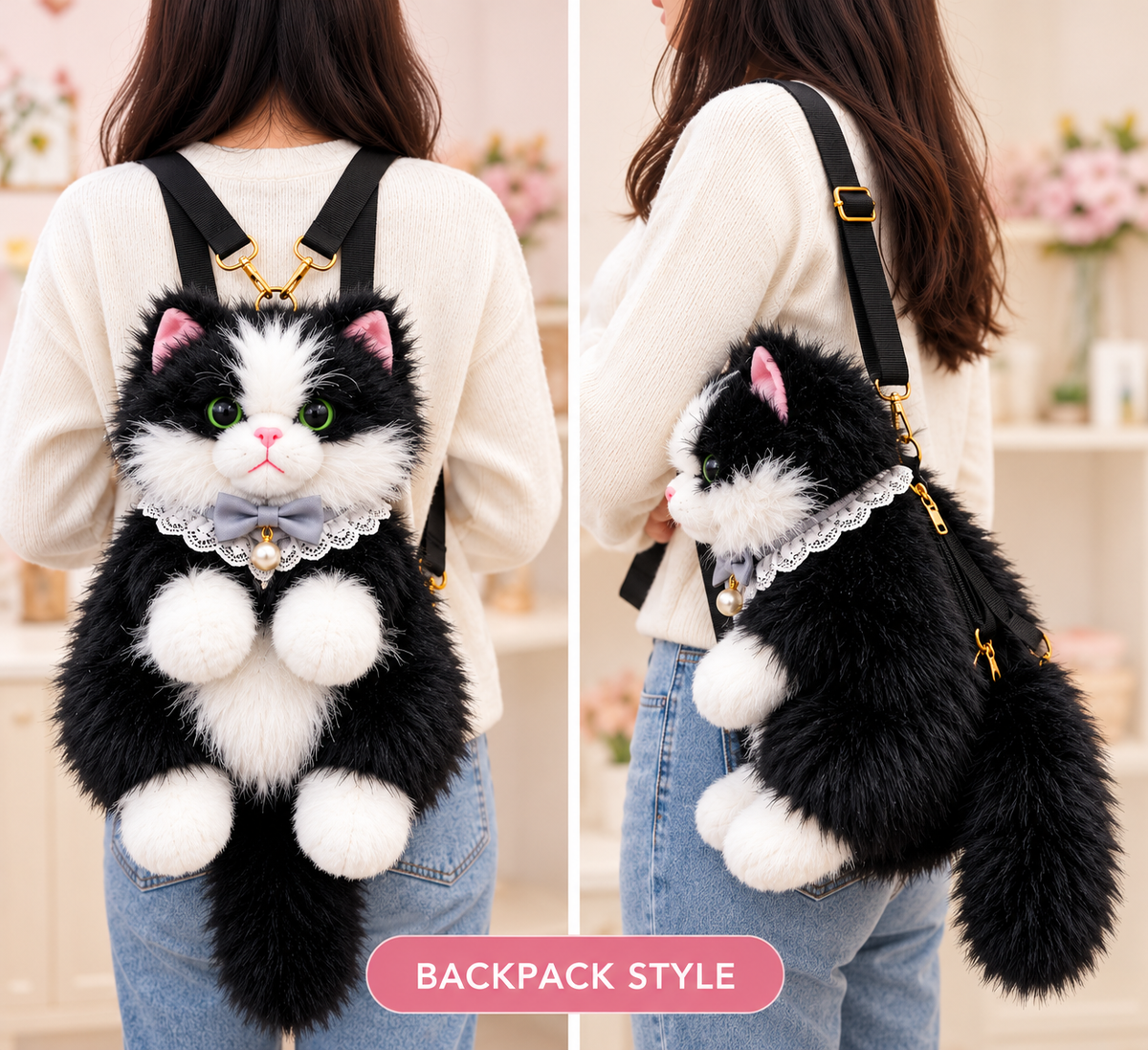 Meowing Plush Grey & White Cat Handbag & Crossbody Bag | Fluffy Kitty Purse with Adjustable Strap & Lace Collar for Girls & Women