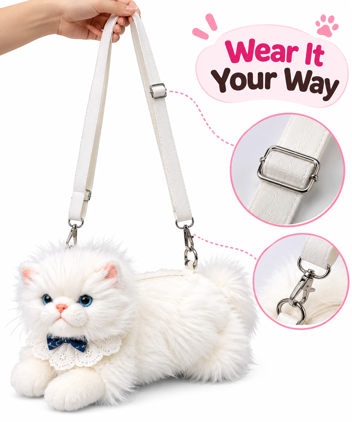 Meowing Plush Persian Cat Handbag & Crossbody Bag | Fluffy White Kitty Purse with Adjustable Strap & Lace Collar for Girls & Women